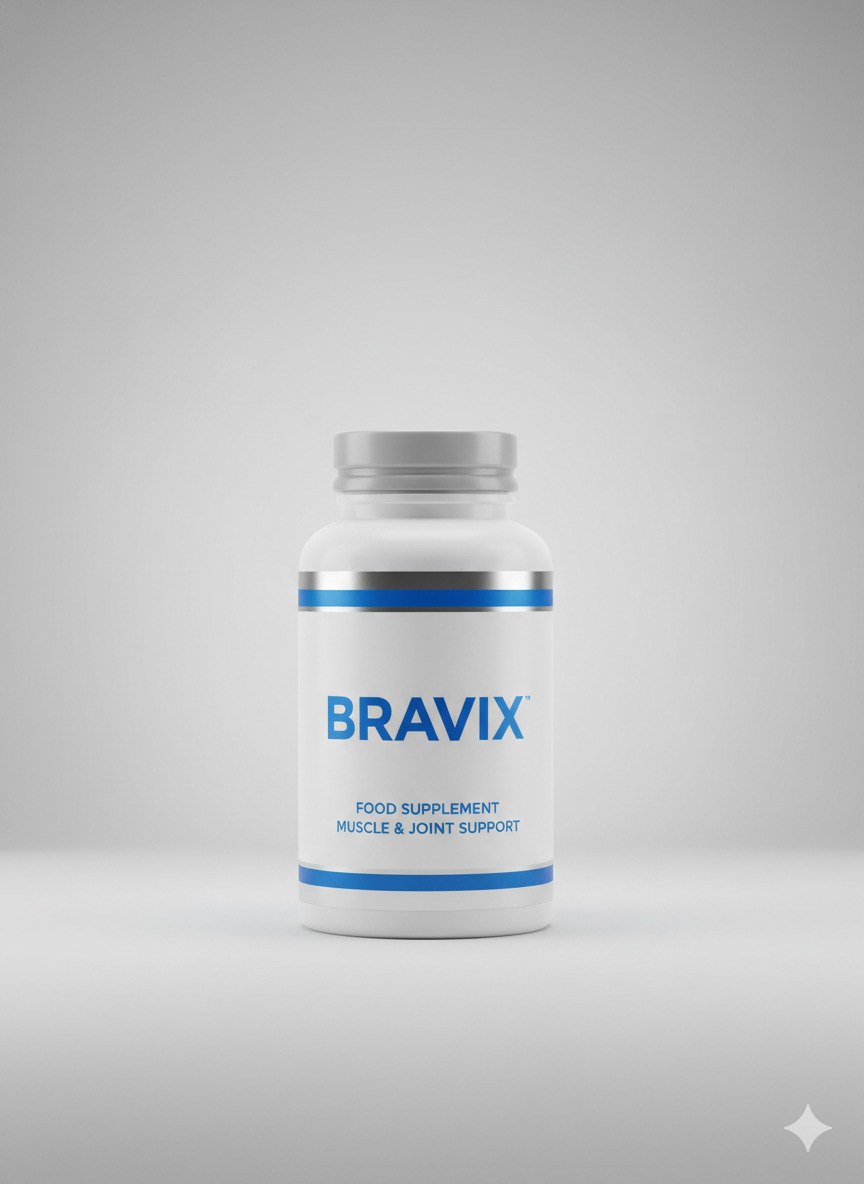 Bravix food supplement bottle and capsule packaging on a neutral surface
